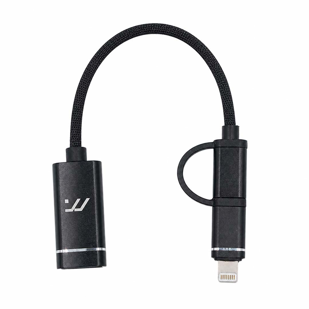Black USB cable with lightning connector on a white background