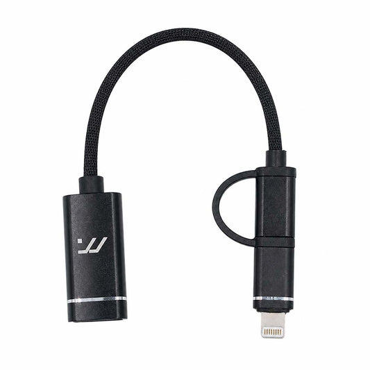 Black USB cable with lightning connector on a white background