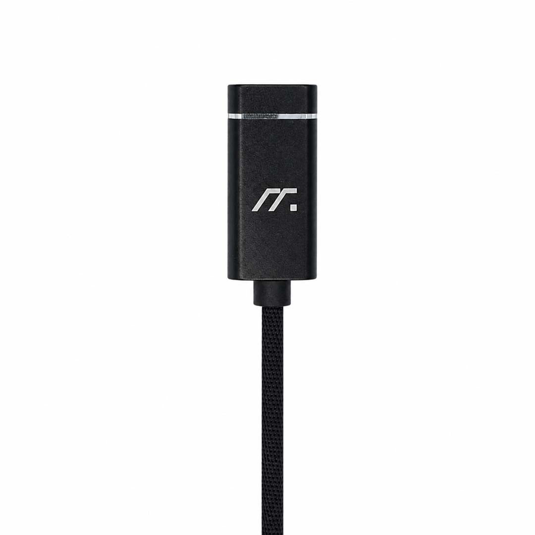 Black USB cable with a logo on a white background