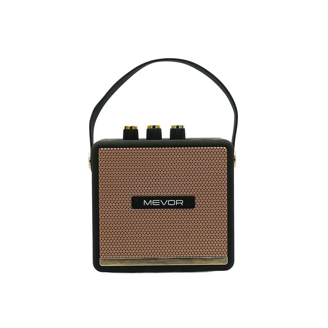 Portable speaker with MEVOR branding on a white background