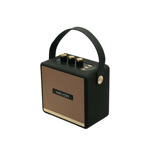 Portable speaker with brown textured front panel and black top, featuring the brand 'MEVOR'.