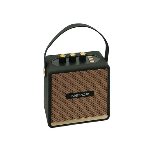 Portable speaker with brown and black design on a white background