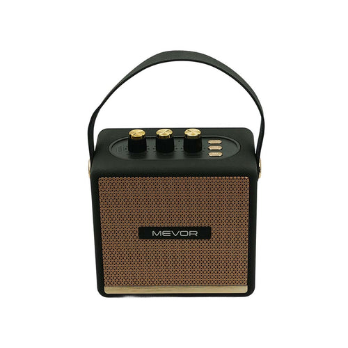 Black and brown portable speaker with 'Mevor' branding on a white background