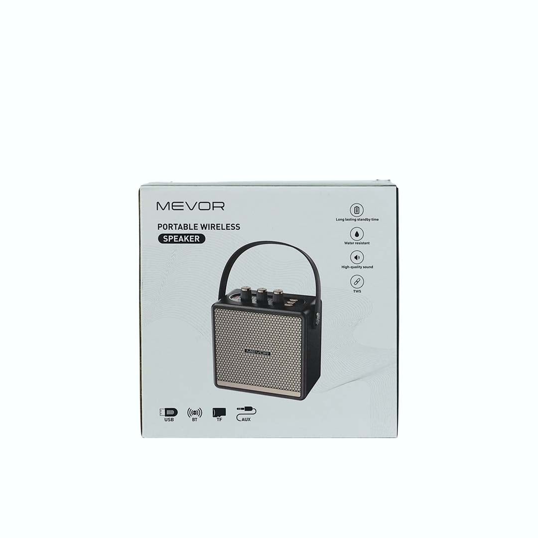 Box packaging of MEVOR portable wireless speaker on a white background