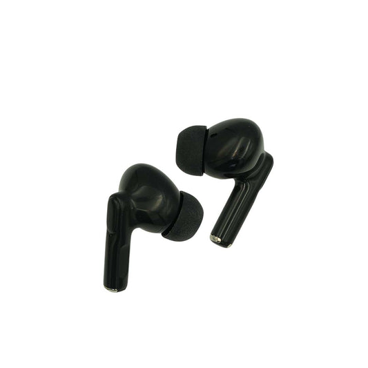 Black wireless earbuds on a white background