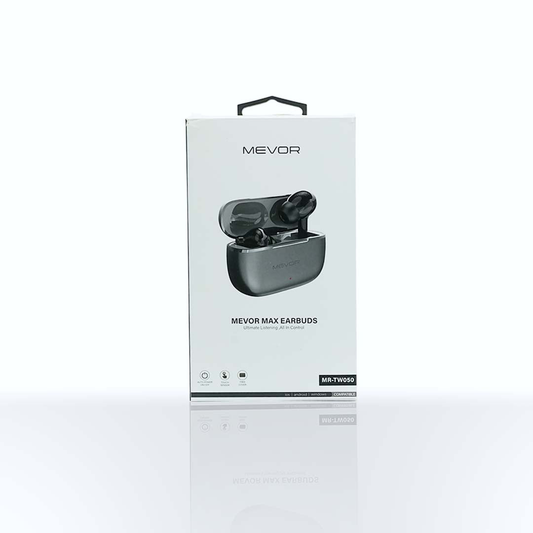 MEVOR MAX earbuds packaging on a white background