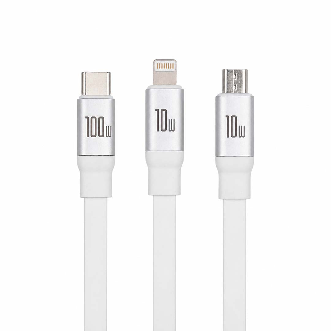 white charging cable with different connectors on a white background