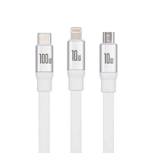 white charging cable with different connectors on a white background