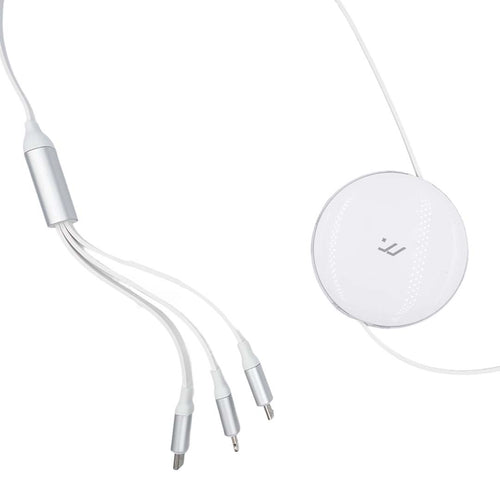 White charging cable and round wireless charging pad on a white background
