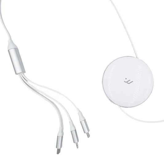White charging cable and round wireless charging pad on a white background