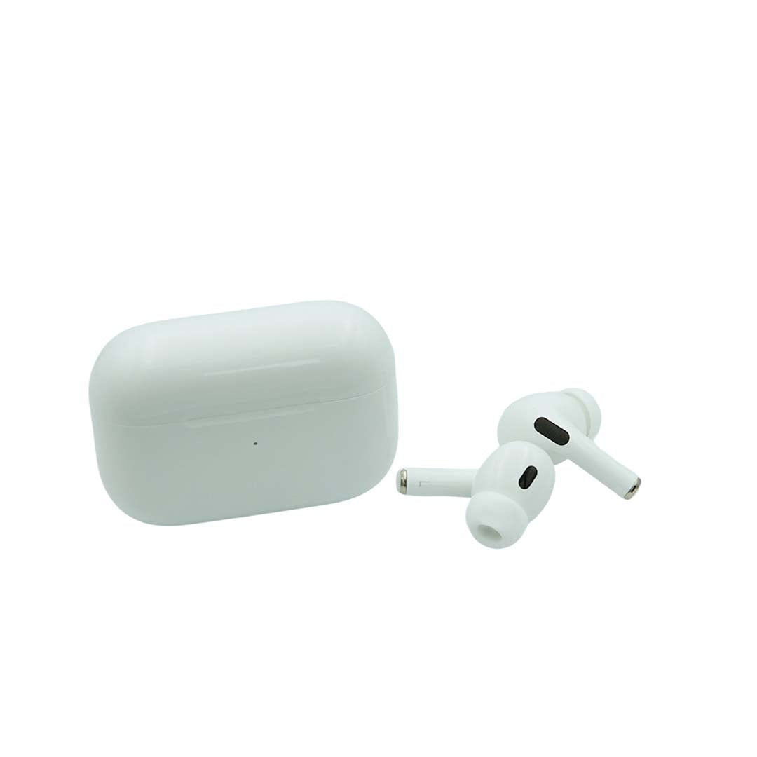 White wireless earbuds with charging case on a white background