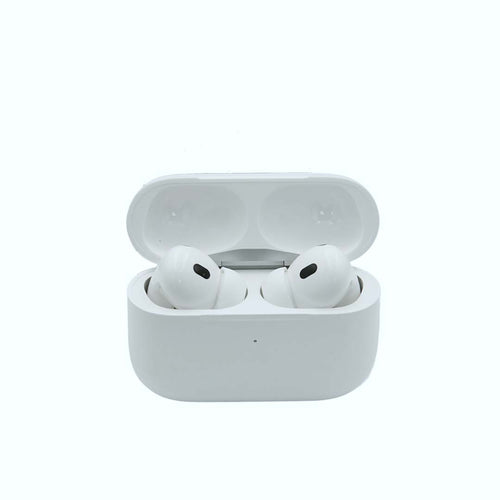 White wireless earbuds in a matching charging case on a white background