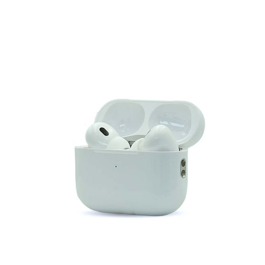 White wireless earbuds in a charging case on a white background