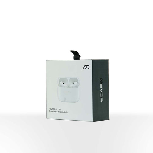 MEVOR wireless earbuds packaging on a white background