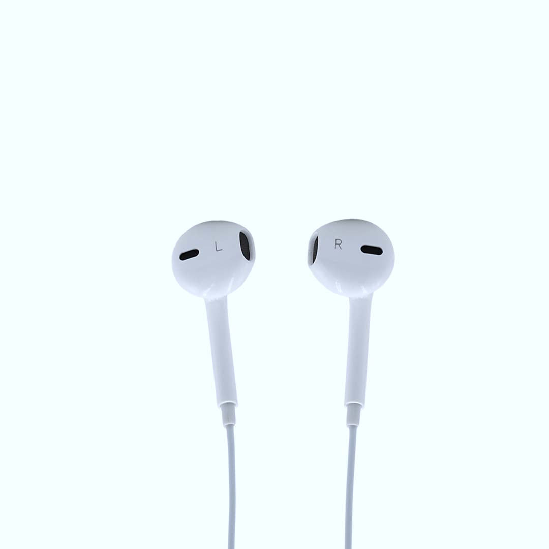 Pair of white earphones labeled 'L' and 'R' on a white background