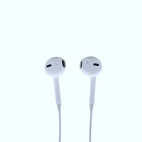 Pair of white earphones labeled 'L' and 'R' on a white background