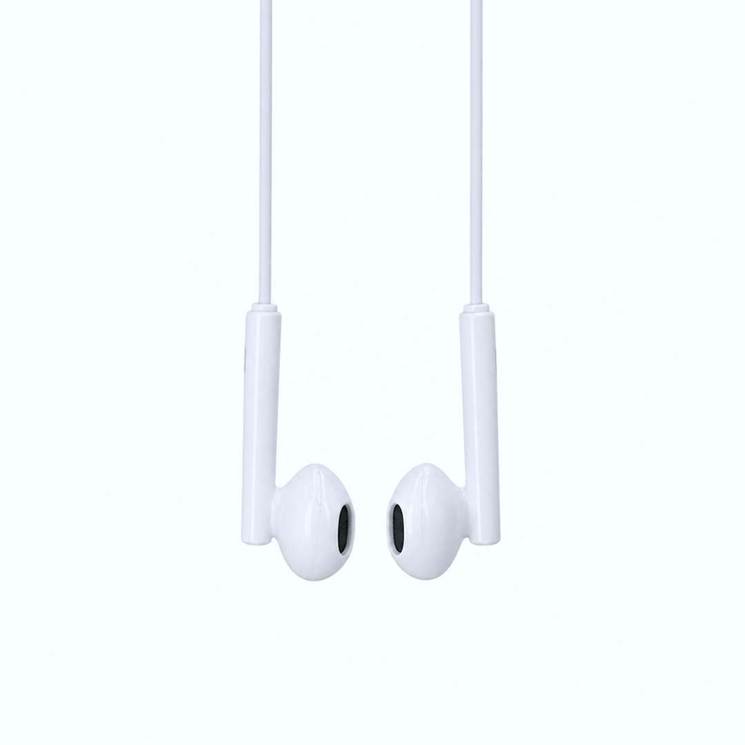 White earbuds with a white background