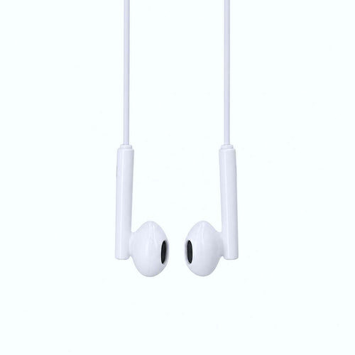 White earbuds with a white background