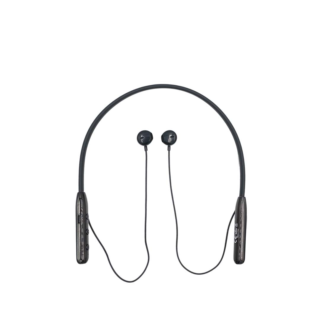 Black wireless earbuds with a neckband on a white background