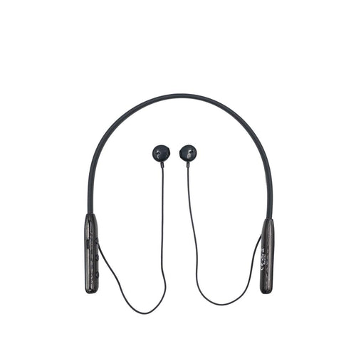 Black wireless earbuds with a neckband on a white background