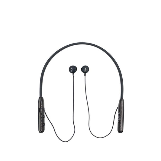 Black wireless earbuds with a neckband on a white background