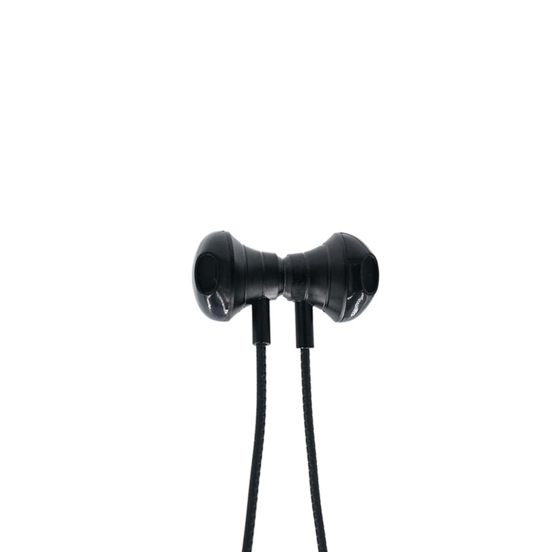 Black earphones on a white background