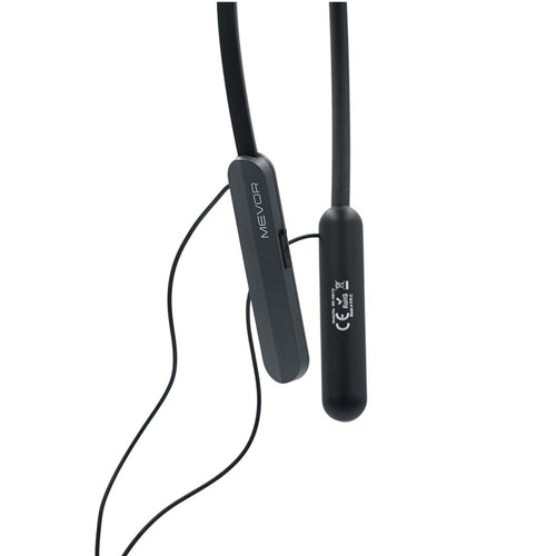 Black neckband headphones with 'NEVOR' branding on a white background
