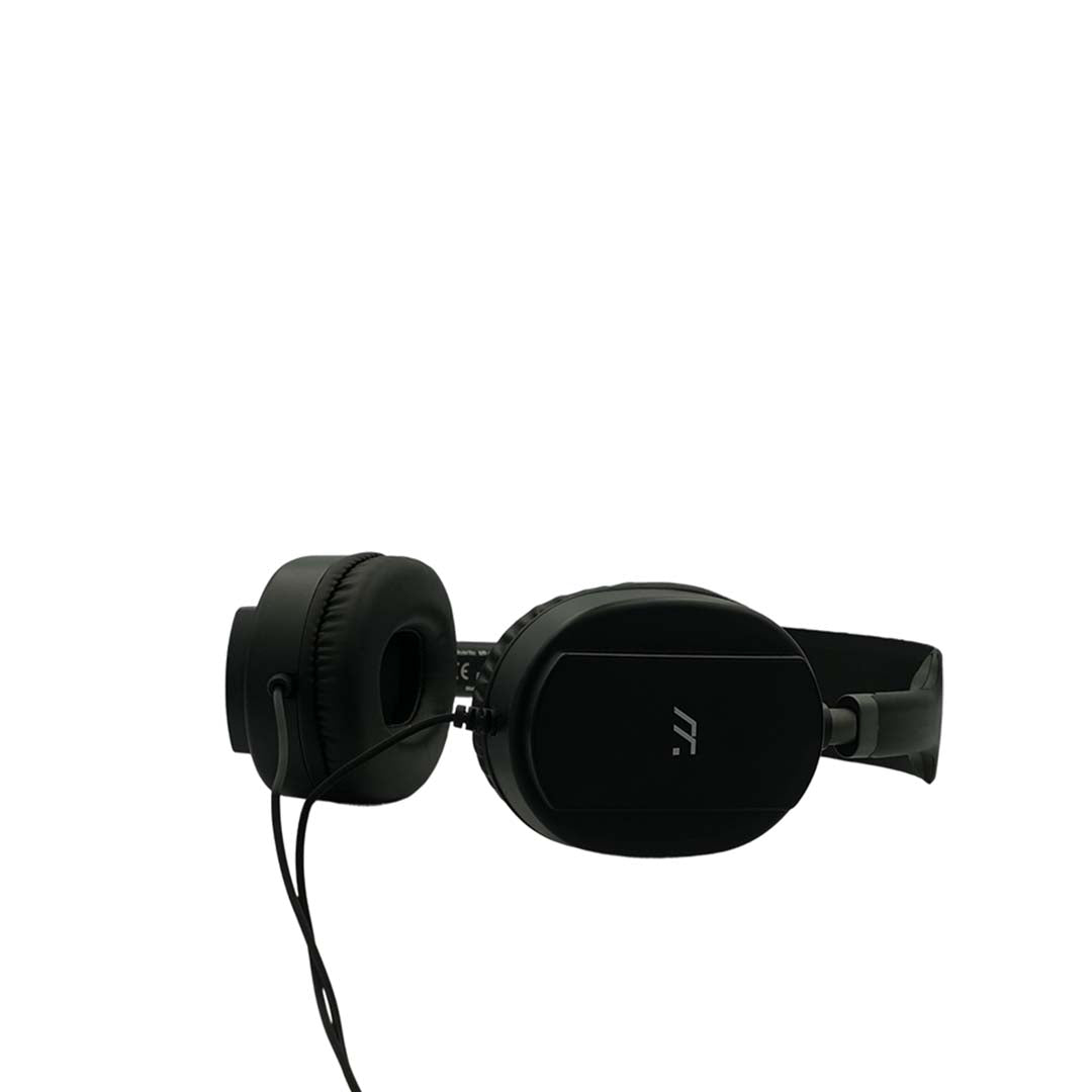Black headphones with a brand logo on a white background