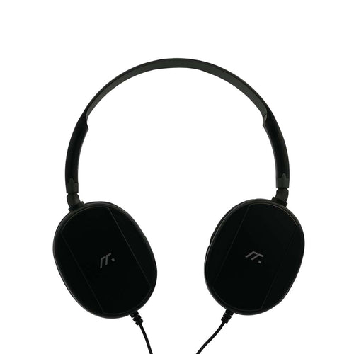 Black headphones on a white background
