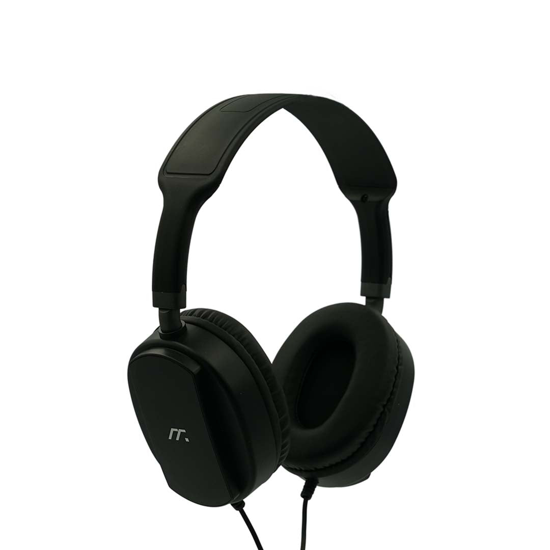 Black headphones on a white background