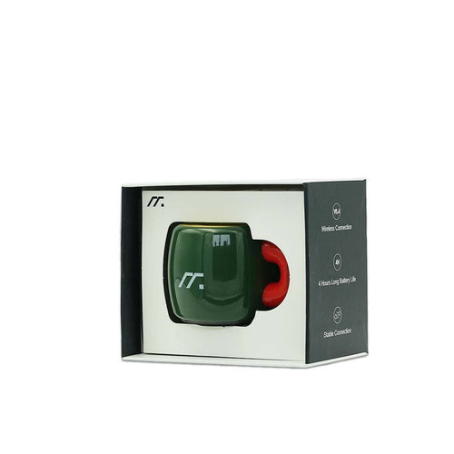 Green and red bluetooth speaker in packaging with brand logo on a white background