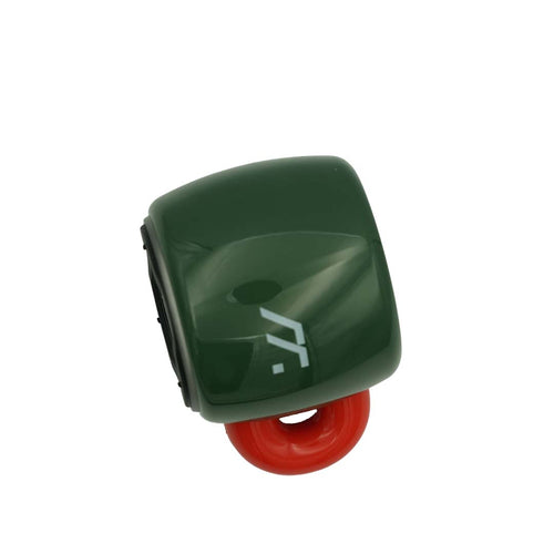 Green and red bluetooth speaker with a logo on a white background