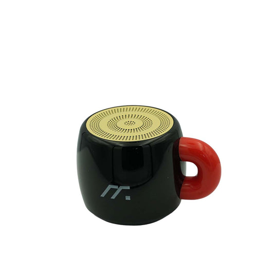 Black and red mug shaped speaker with a gold top on a white background