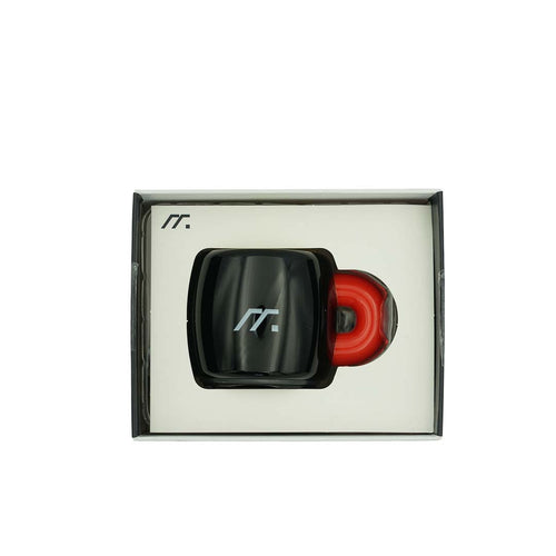 Black and red Bluetooth spekaer device in a box with a logo on a white background