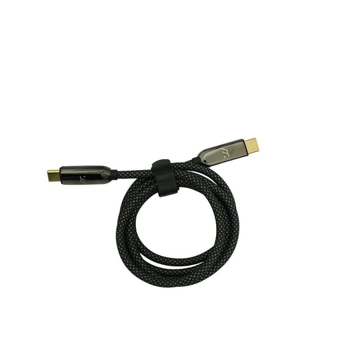 Black braided cable with two USB C connectors on a white background