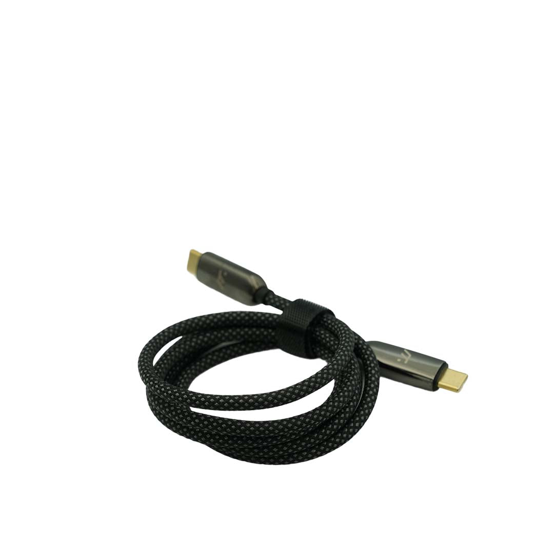 Black braided USB C cable with gold connectors on a white background