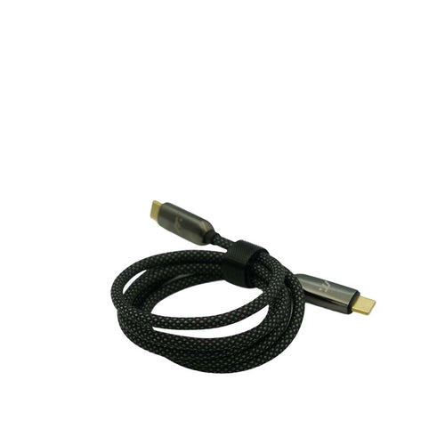 Black braided USB C cable with gold connectors on a white background