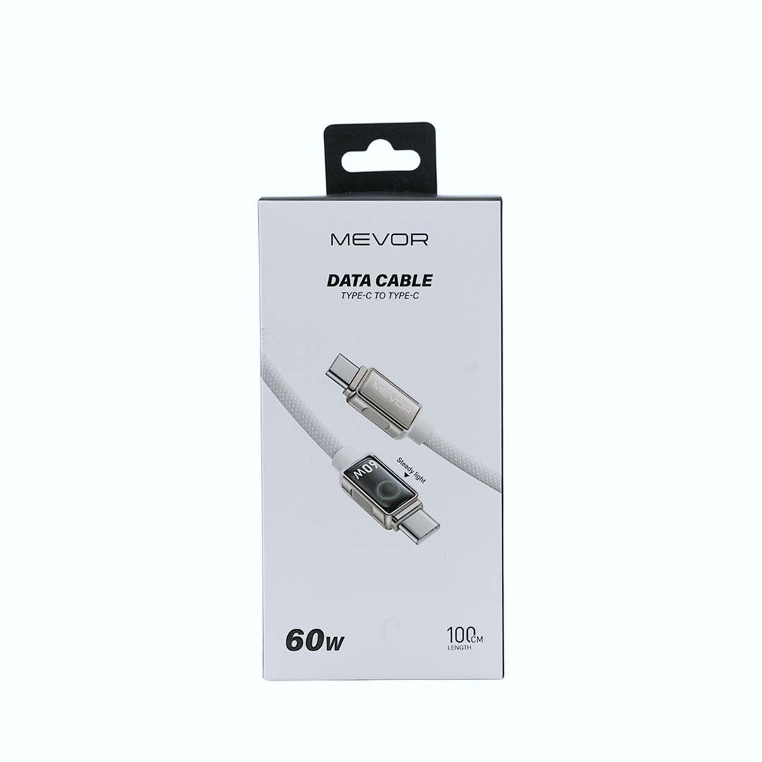 MEVOR data cable packaging with cable illustration on a white background