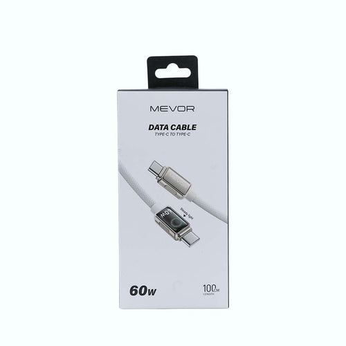 MEVOR data cable packaging with cable illustration on a white background